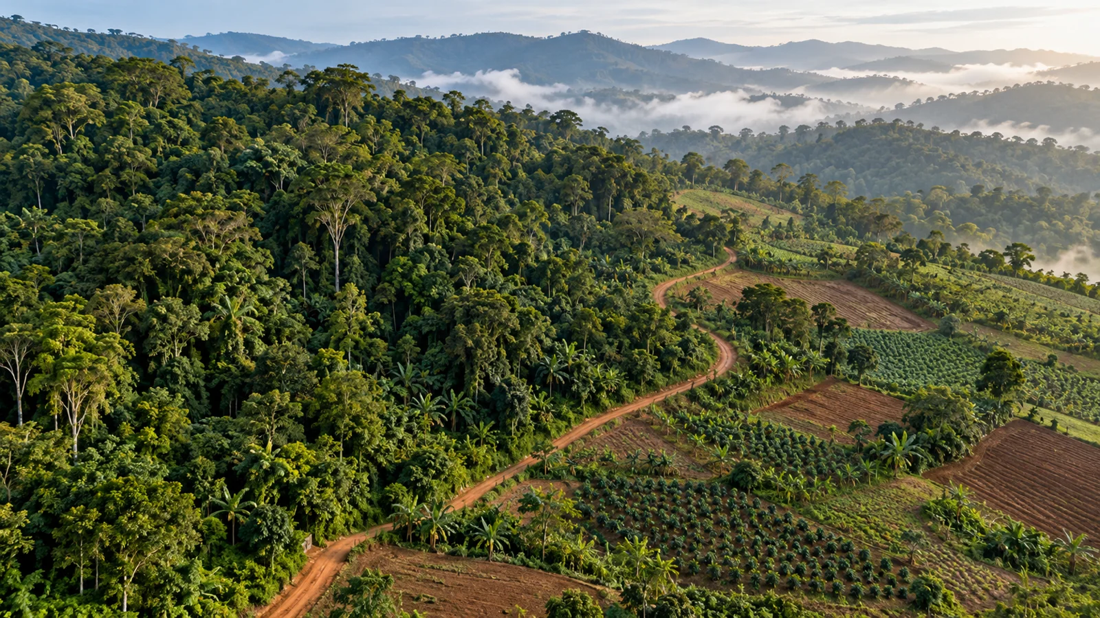 Illustrative aerial landscape showing tropical forest beside agricultural plots